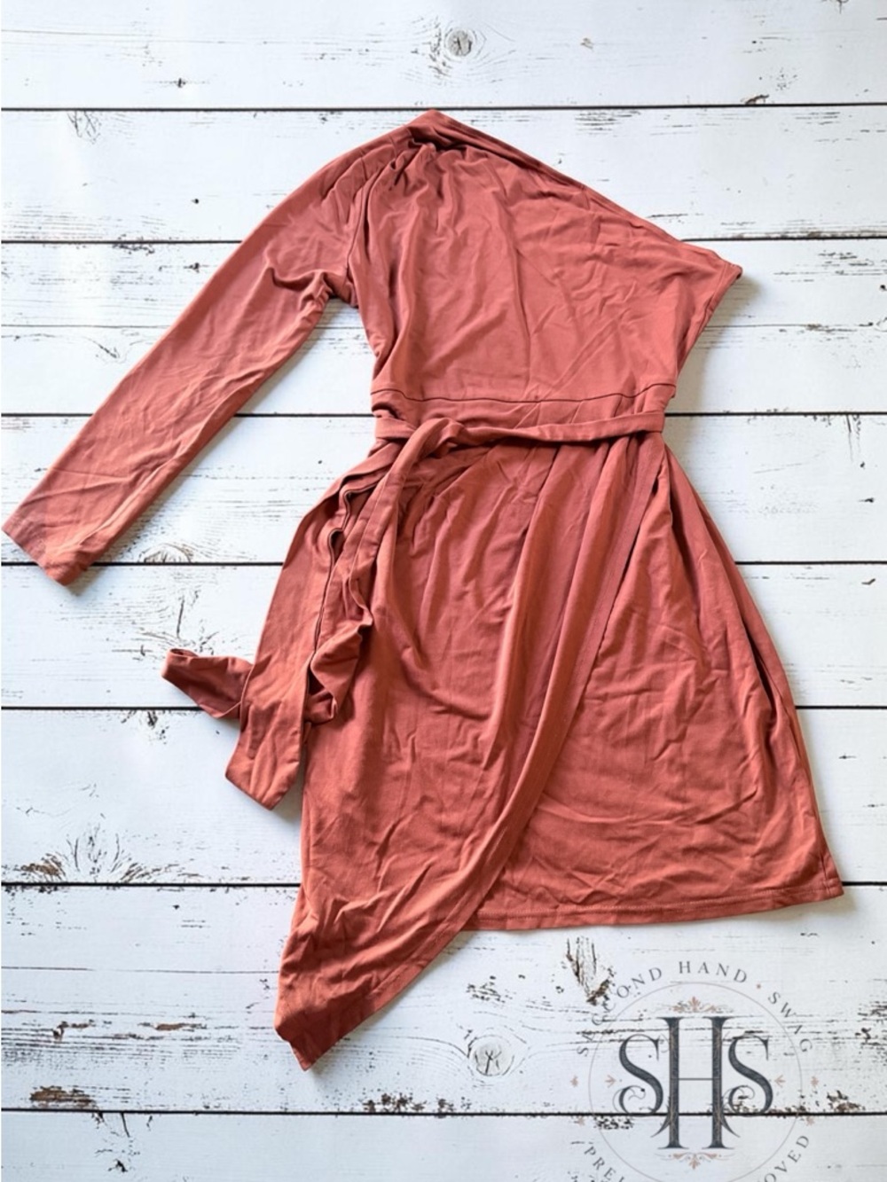 Asymmetrical One-Shoulder Mini Dress in Rust with Tie Waist